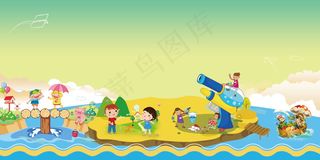 海岛上游玩的孩子们儿童节背景