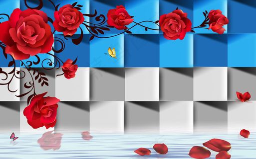 现代唯美3D红色玫瑰高清背景墙花藤...