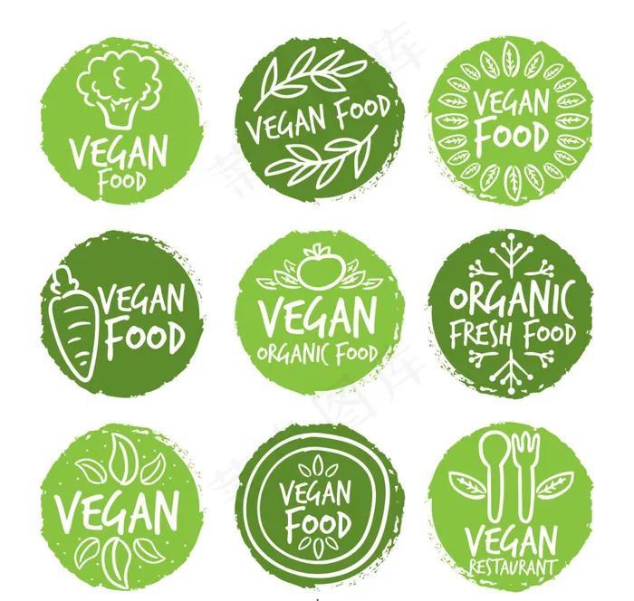 手绘圆形纯素食品标签ai矢量模版下载