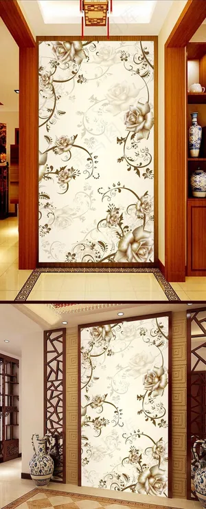 金色玫瑰花藤3D玄关壁画背景墙 金色玫瑰花藤3D玄关壁画背景墙