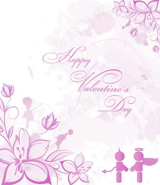 情人节矢量插画与花和爱的剪影