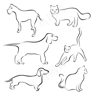 手绘宠物猫狗线稿矢量图 AI
