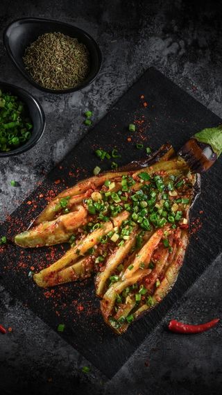 铁板烧茄子高清摄影图片