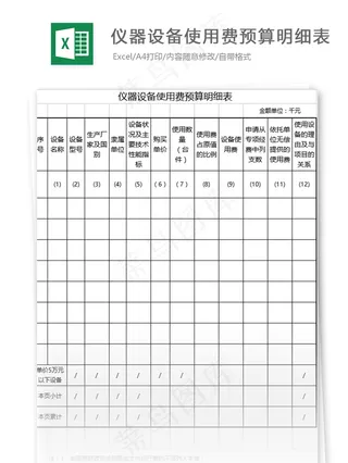 仪器设备使用费预算明细表格