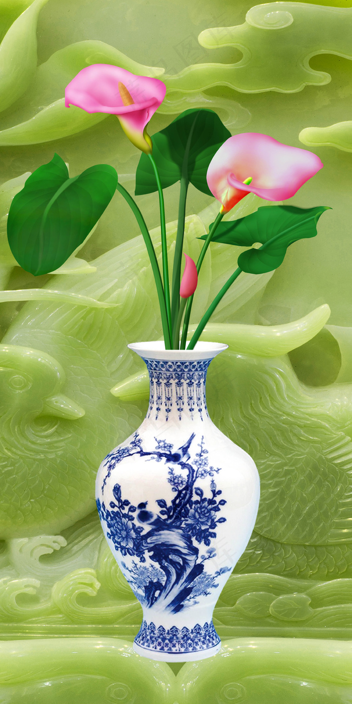 青花瓷3D中国风玉雕背景玄关背景墙