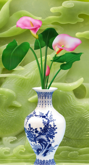 青花瓷3D中国风玉雕背景玄关背景墙