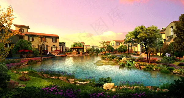 别墅蓝天白云绿水湖泊树木绿色 别墅蓝天白云绿水湖泊树木绿色