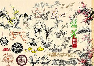 水墨梅兰竹菊分层素材设计psd素材