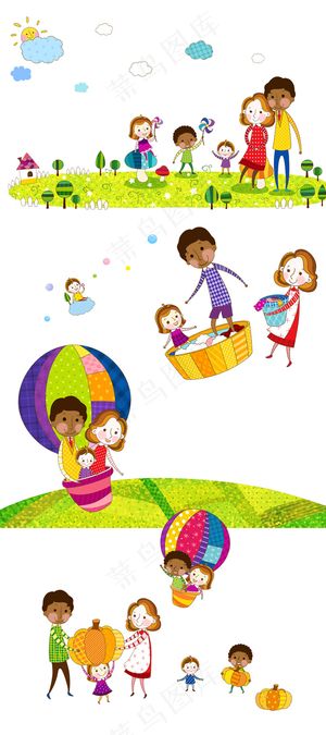 卡通一家人郊游洗衣服