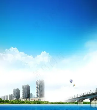 房地产 蓝天白云大桥湖水图片