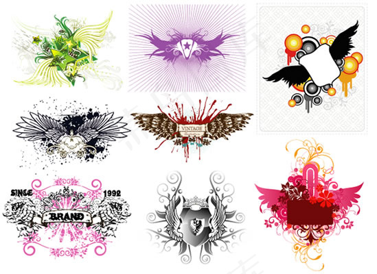 潮流花纹与翅膀矢量素材