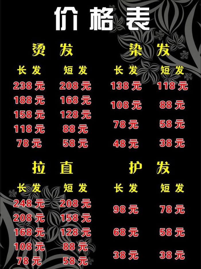 发型价格表图片cdr矢量模版下载