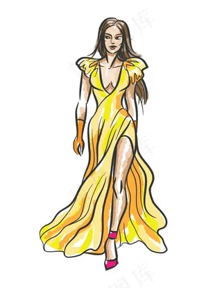 黄色开叉裙设计图