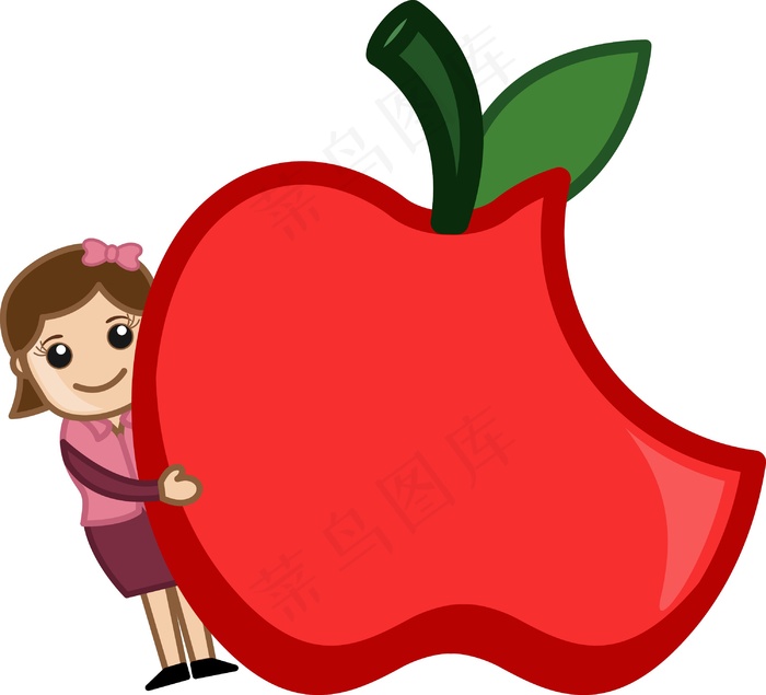 健康的饮食理念-卡通女孩与一个苹果