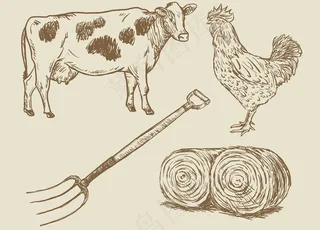 动物素描牛素描鸡素描素材剪影