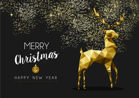 水彩麋鹿开满鲜花的鹿角驯鹿金色圣诞...