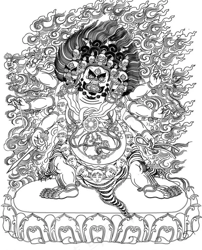 唐卡 马头金刚 线勾图黑白图图片ai矢量模版下载