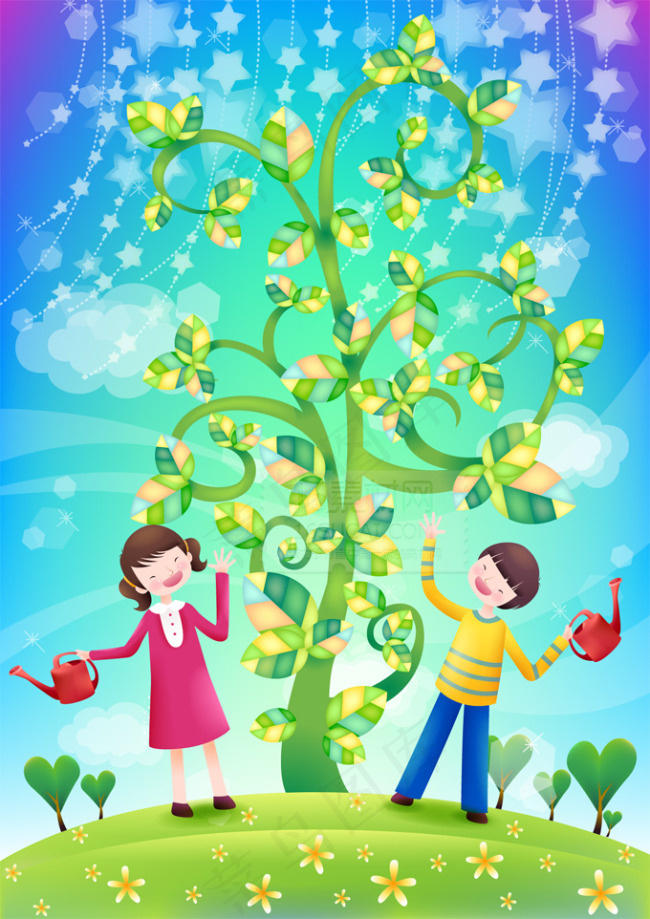 开心浇水儿童插画矢量素材