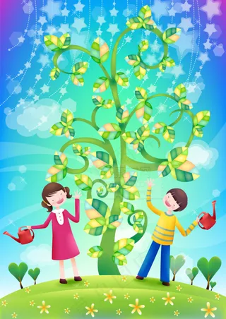 开心浇水儿童插画矢量素材