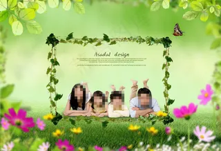 草地上的绿叶边框和一家人