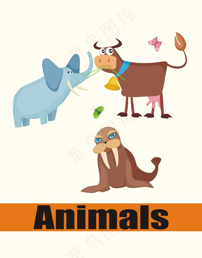 卡通动物矢量图牛大象