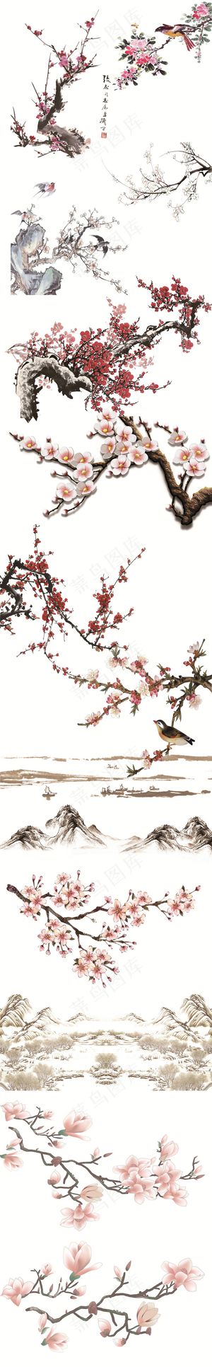 中国风梅花水墨山水透明背景素材