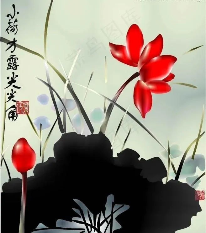 经典国画荷花图片ai矢量模版下载