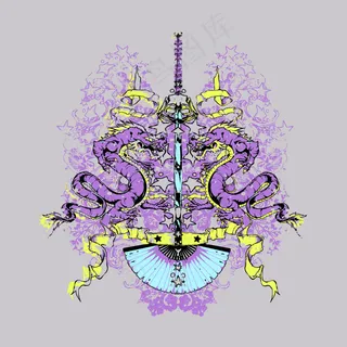 印花矢量图 动物 龙 生活元素 扇...