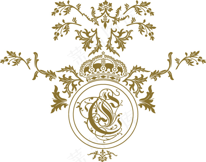 印花矢量图 皇冠 花卉 竹青色 民...