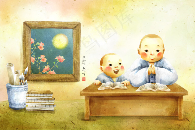 学佛经的和尚(5200X3458(DPI:300))psd模版下载