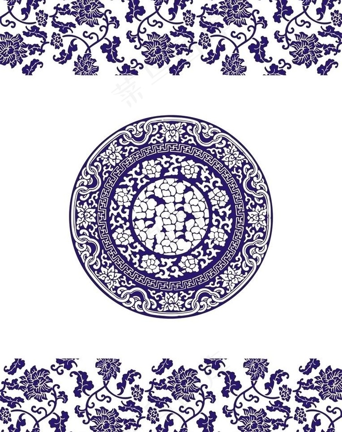 蓝彩青花古典图案cdr矢量模版下载
