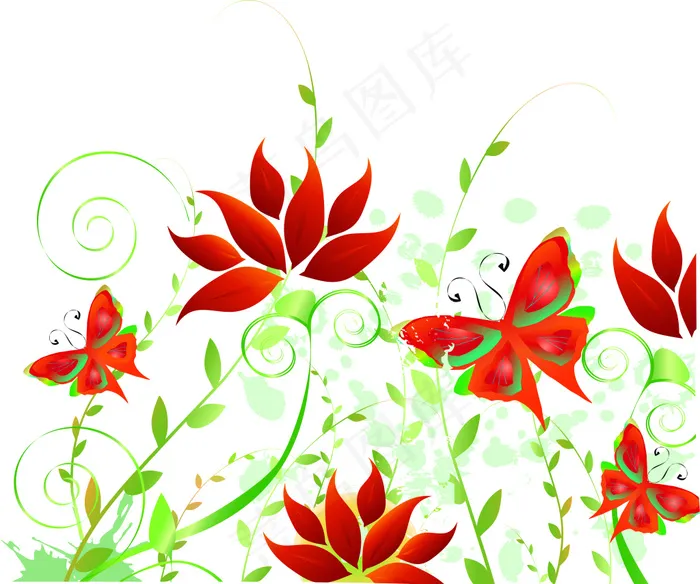 花朵蝴蝶红色中国风卡通植物矢量文件ai矢量模版下载