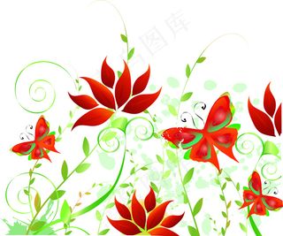 花朵蝴蝶红色中国风卡通植物矢量文件