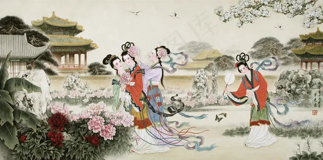 宫女仕女侍女捕蝶牡丹桃花建筑大宅后... 宫女仕女侍女捕蝶牡丹桃花建筑大宅后...