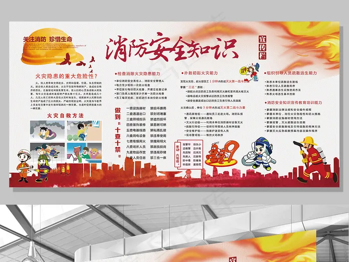 2017年红色消防安全知识宣传栏设...(7087X3565(DPI:150))psd模版下载