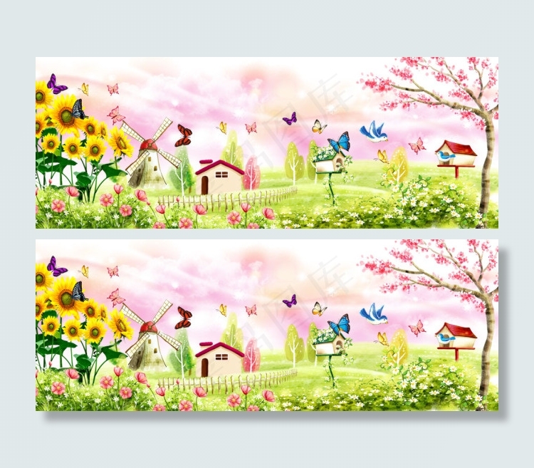 蝶舞纷飞唯美春天宽屏风景PSD分层模板