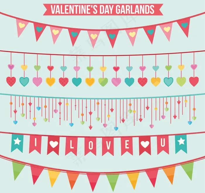 5款彩色情人节拉旗矢量素材ai矢量模版下载