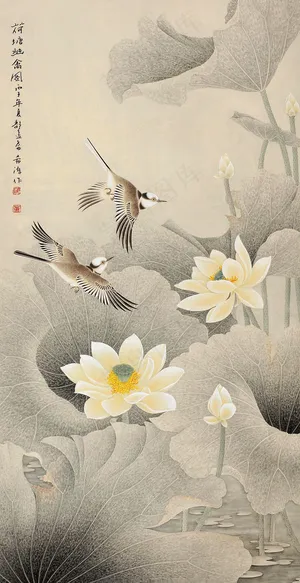 新中式水墨花卉花鸟国画餐厅装饰画背...