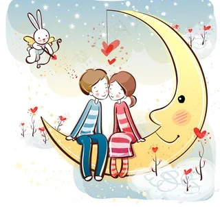 坐在月亮上的情侣图片