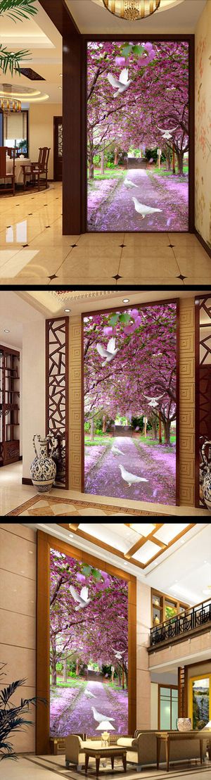 樱花过道白鸽玄关背景墙
