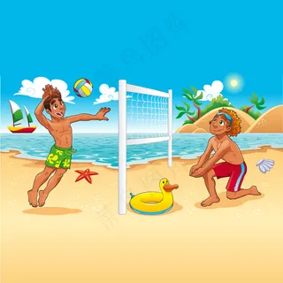 卡通人物沙滩排球矢量图