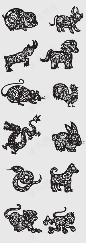 中国传统十二生肖动物剪纸素材