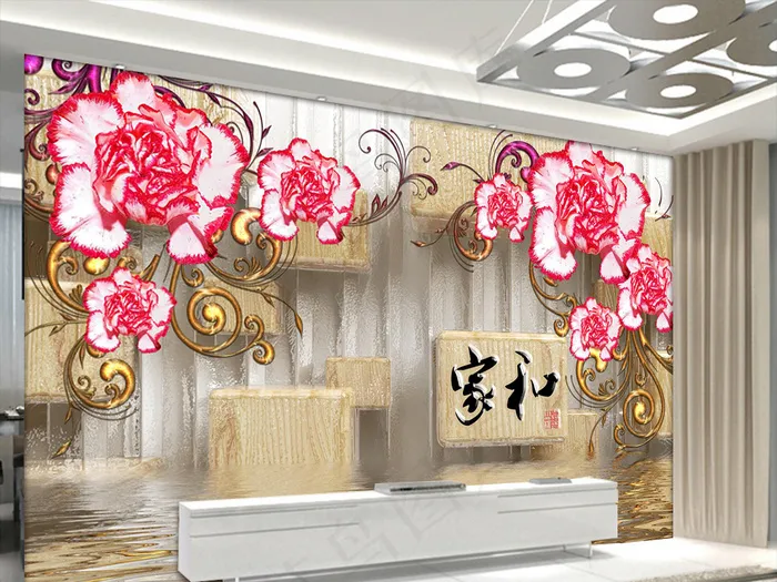 浮雕彩雕家和红花电视背景墙(9072X5670(DPI:72))psd模版下载