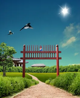 蓝天白云绿草地素材PSD下载