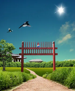 蓝天白云绿草地素材PSD下载