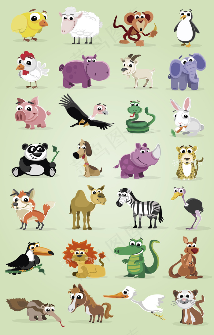 卡通动物剪影图形小鸡大象企鹅图案素...