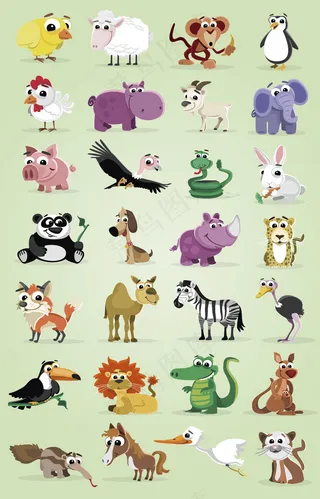 卡通动物剪影图形小鸡大象企鹅图案素...