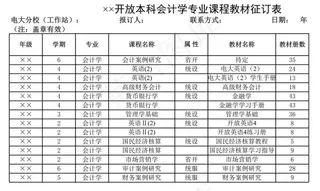 开放本科会计学专业课程教材征订表