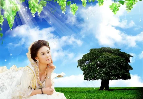 蓝天 白云 美女 新娘 树 草地图...