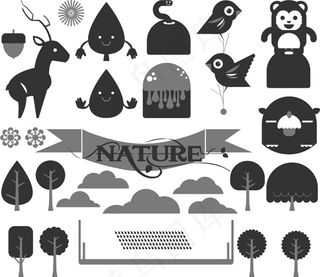 卡通动物树木剪影矢量图